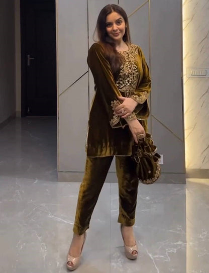 Yellow velvet party wear pant suit