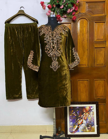 Yellow velvet party wear pant suit