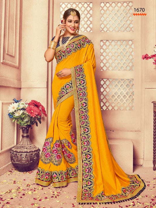 yellow vichitra silk heavy embroidered designer wedding saree