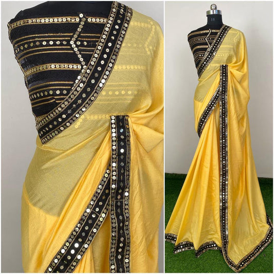 Yellow vichitra silk sequence work partywear saree