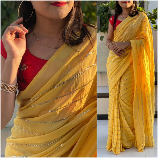 Yellow vichitra silk sequence work partywear saree