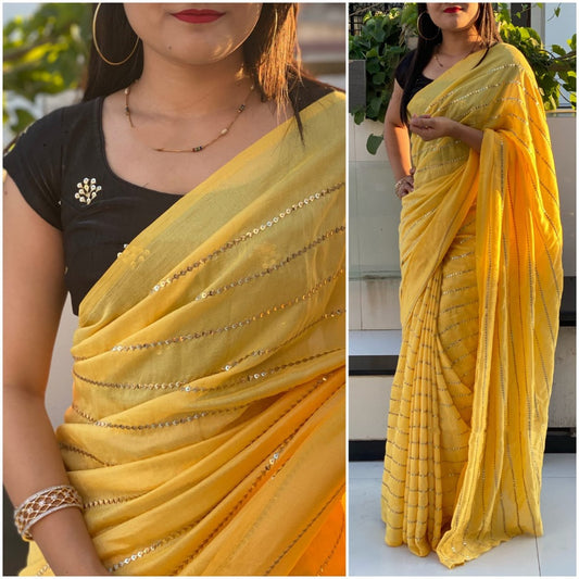 Yellow vichitra silk sequence work partywear saree