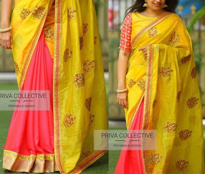 yellow zoya silk embroidered festival saree