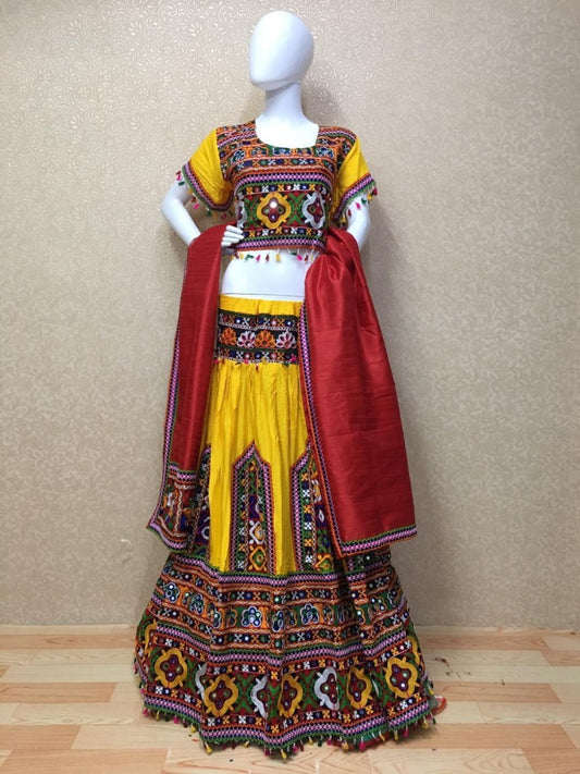 Yellow zoya silk multi thread worked navratri special lehenga choli