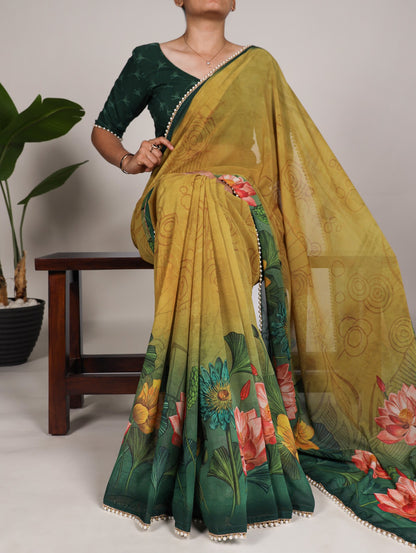 Georgette floral printed pearl lace border stylish saree Yellow Free Size