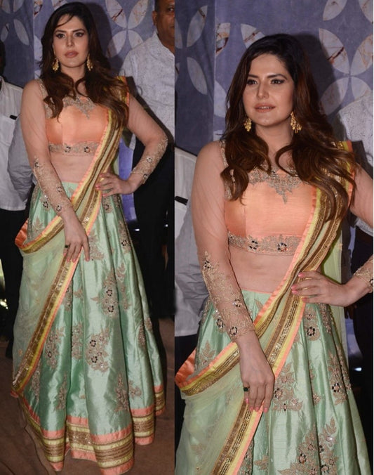 Zarin khan designer embroidered pista green paper silk bollywood style lehenga